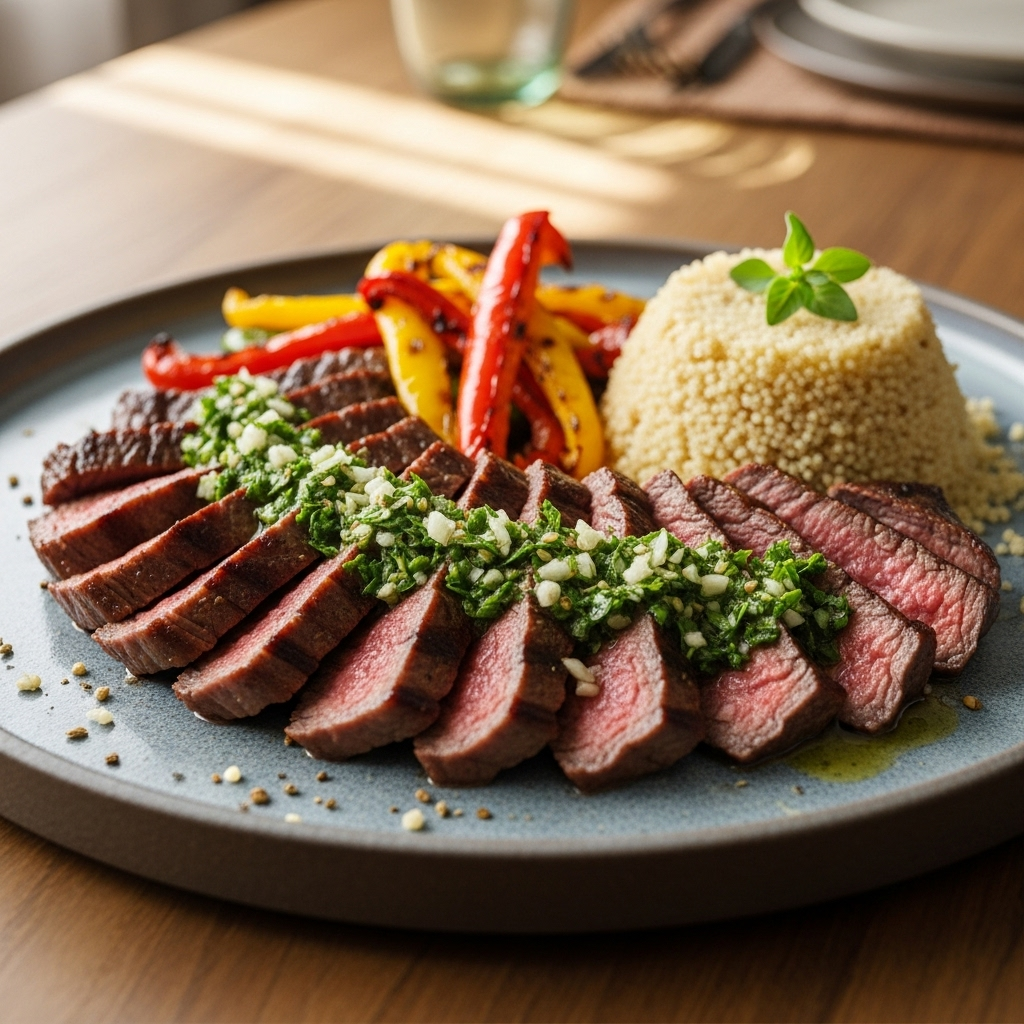 Grillet okseculotte med chimichurri, grillede peberfrugter og fuldkornscouscous