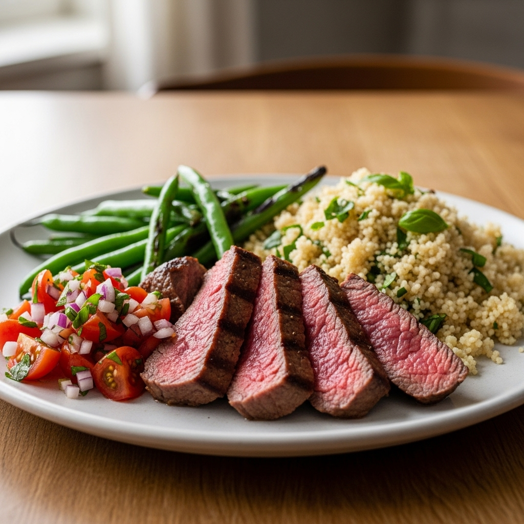 Grillet okseculotte med fuldkorns-couscous, grønne bønner og cherrytomat-salsa