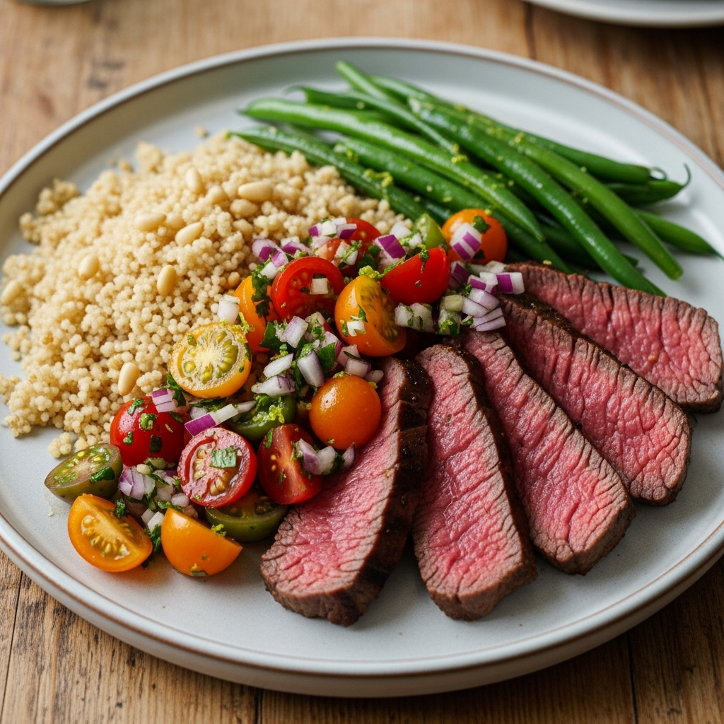 Grillet okseculotte med fuldkorns-couscous, grønne bønner og cherrytomatsalsa