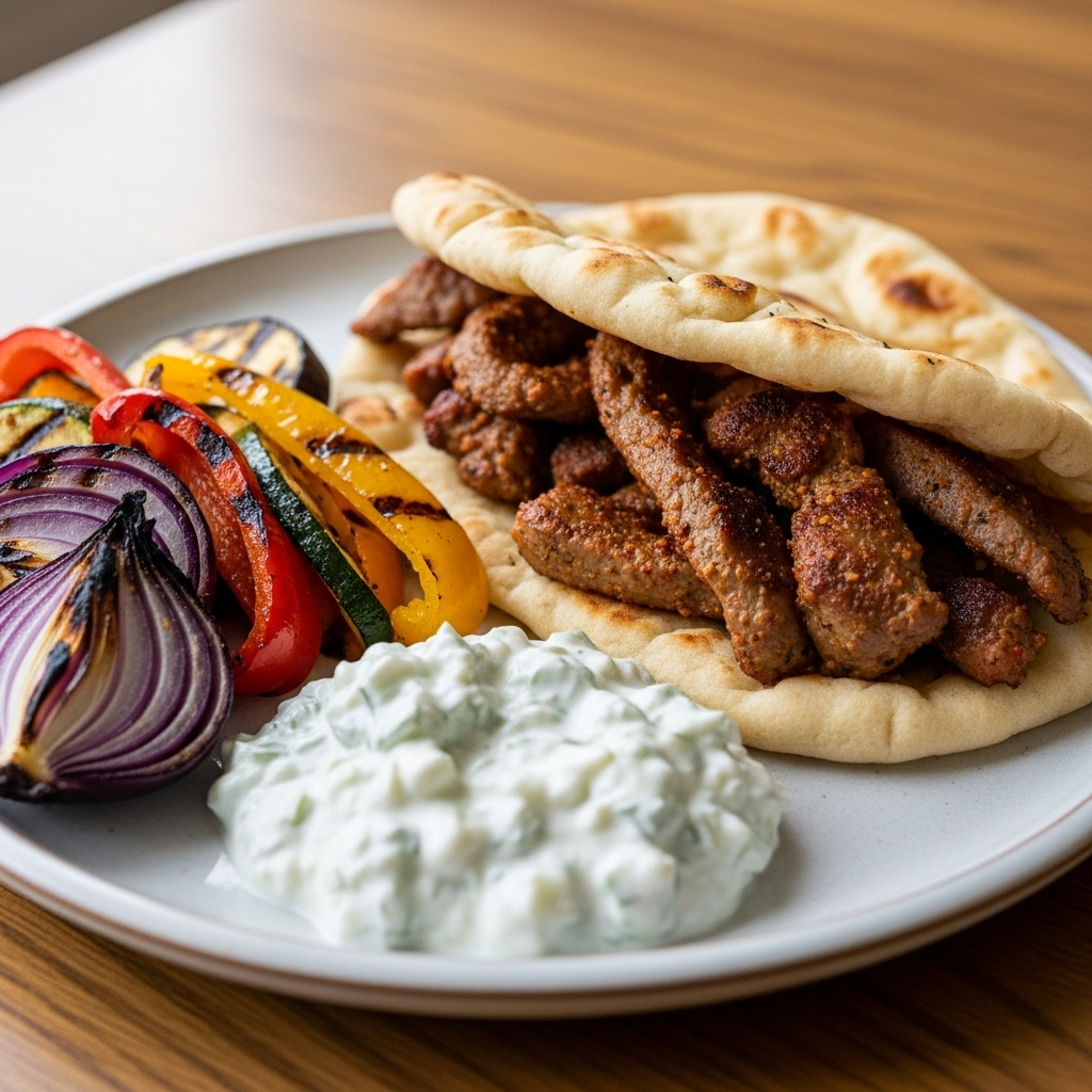 Gyros-inspireret kebab i naan med tzatziki og grillede grøntsager