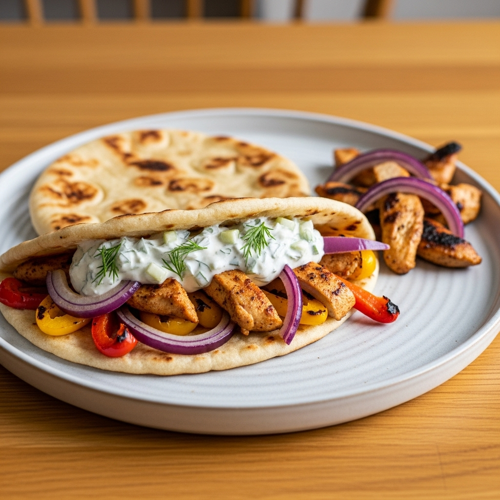 Lune naan med gyros-inspireret kylling, tzatziki og grillede peberfrugter og løg; ekstra fyld serveret i skåle til byg-selv.