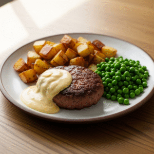 Hakkebu00f8f med stegte kartofler, kogte u00e6rter og Knorr bearnaise