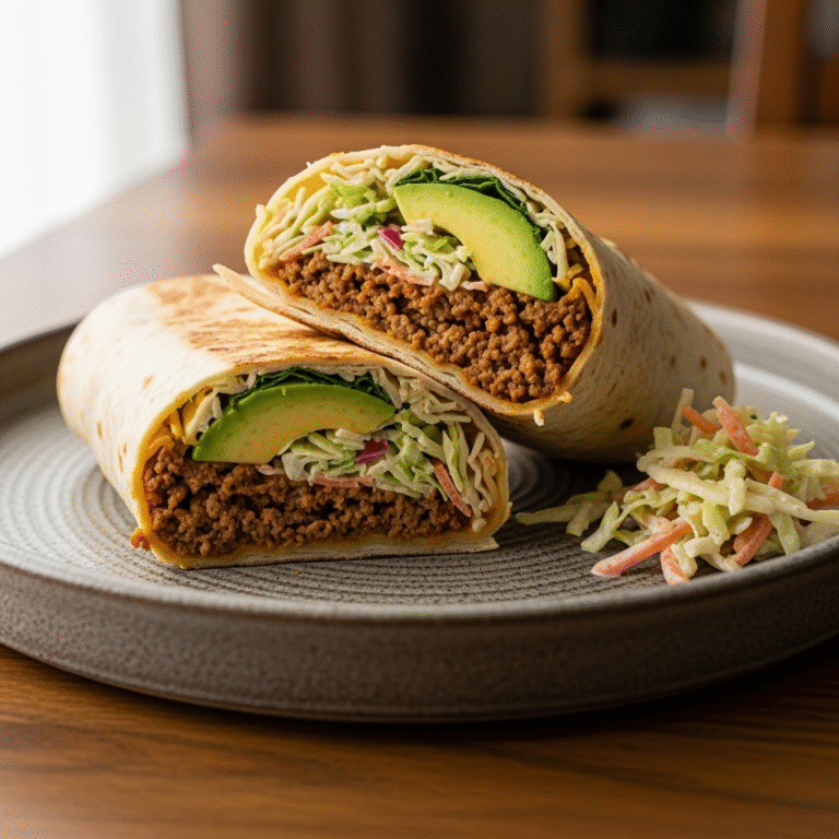 Hjemmelavede krydrede oksewraps med avocado og cremet coleslaw