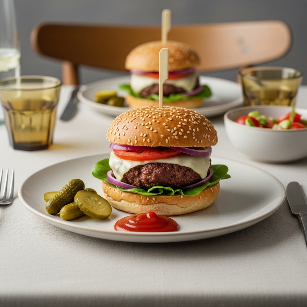 { "alt_text": "Hjemmelavet burger med pommes frites, pickles og ketchup på tallerken", "file_name": "hjemmelavet-burger-med-pommes-frites-pickles-og-ketchup-4382" }