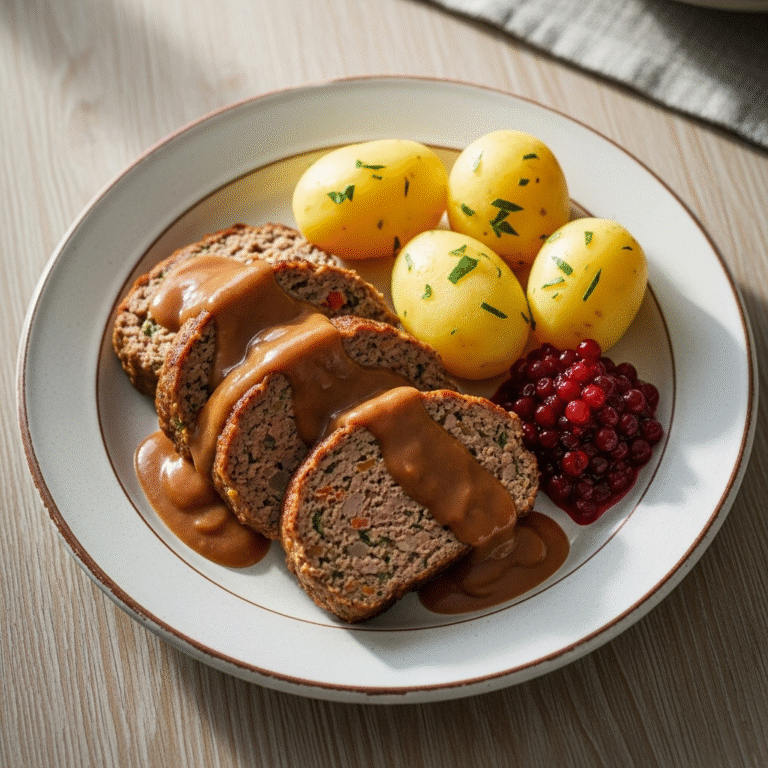 Hjemmelavet forloren hare med brun flødesovs, kogte kartofler og tyttebær