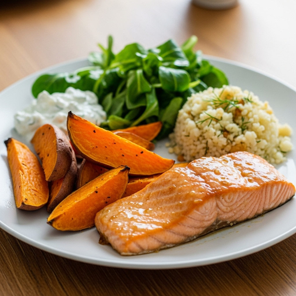 Honning-dijon glaseret laks med ovnbagte søde kartoffelbåde, blomkålsris, frisk salat og tzatziki, serveret med citronbåde.