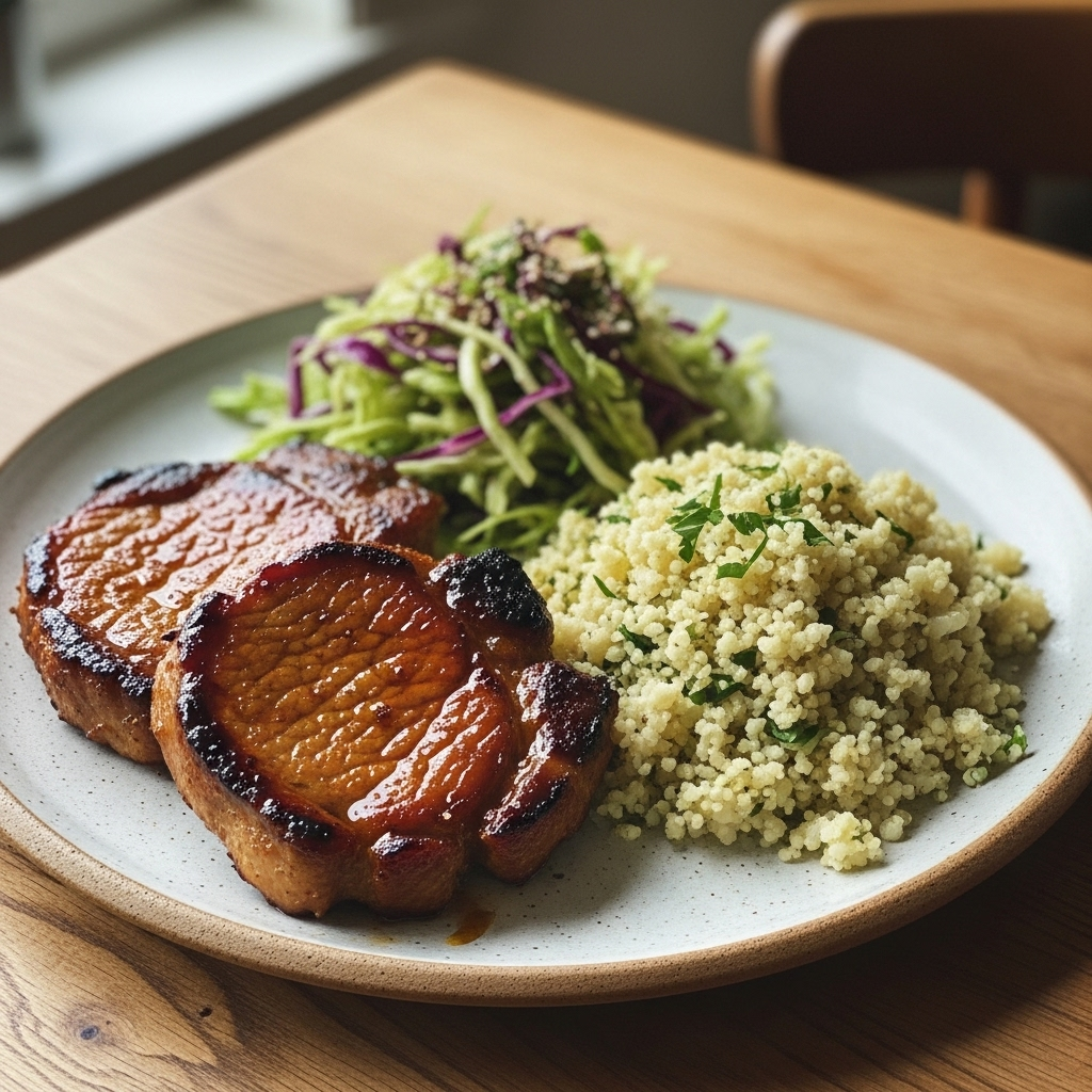 Honning- og soja-glaseret nakkekotelet med blomkålsris og sprød kål