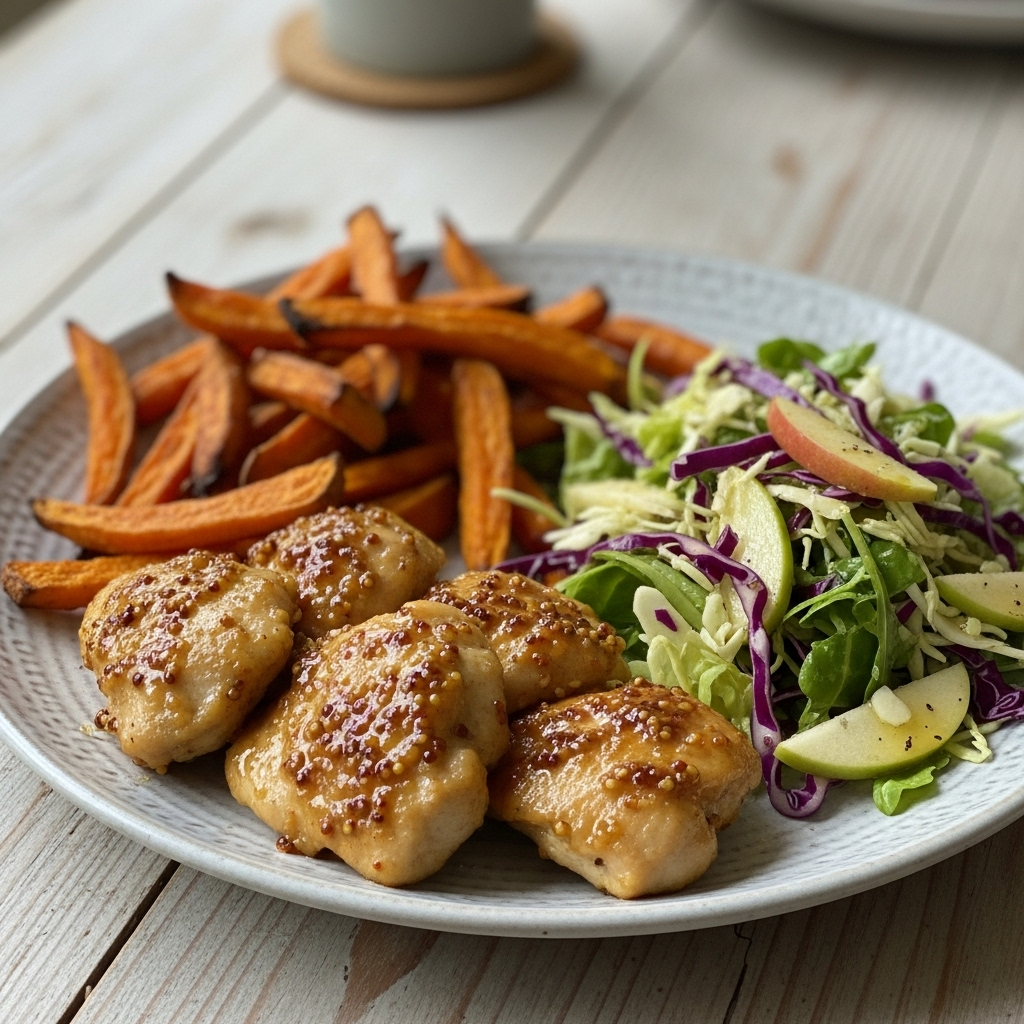 Honning-sennep kylling med ovnbagte søde kartoffelfritter og æble-kålsalat