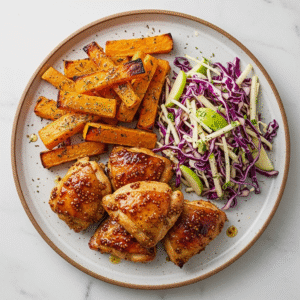 Honning-sennep kylling med ovnbagte su00f8de kartoffelstave og u00e6ble-ku00e5lssalat