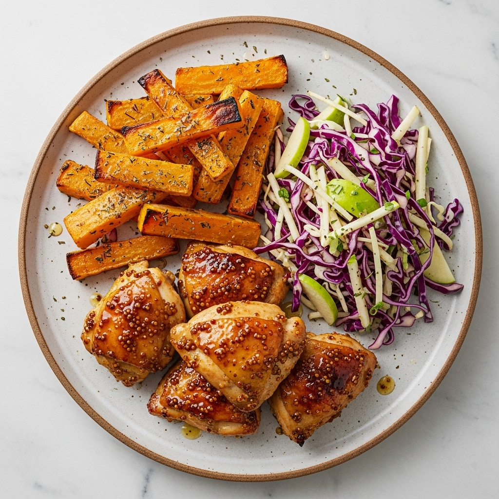 Tallerken med honning-sennep glaseret kylling, ovnbagte søde kartoffelstave og frisk æble-kålssalat.