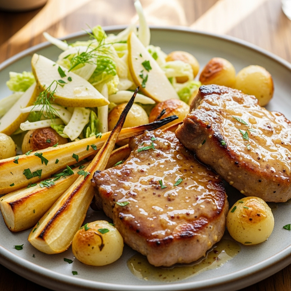 Honning-sennep nakkekoteletter med ovnbagte pastinakker, perlekartofler og sprød pæresalat