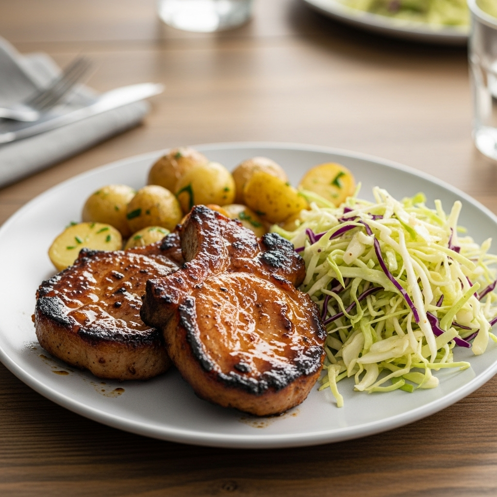 Honning-soja-glaserede nakkekoteletter med karamelliseret overflade, ovnbagte perlekartofler og sprød kålsalat på tallerken.