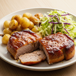 Honning-soja nakkekoteletter med ovnbagte perlekartofler og spru00f8d ku00e5l