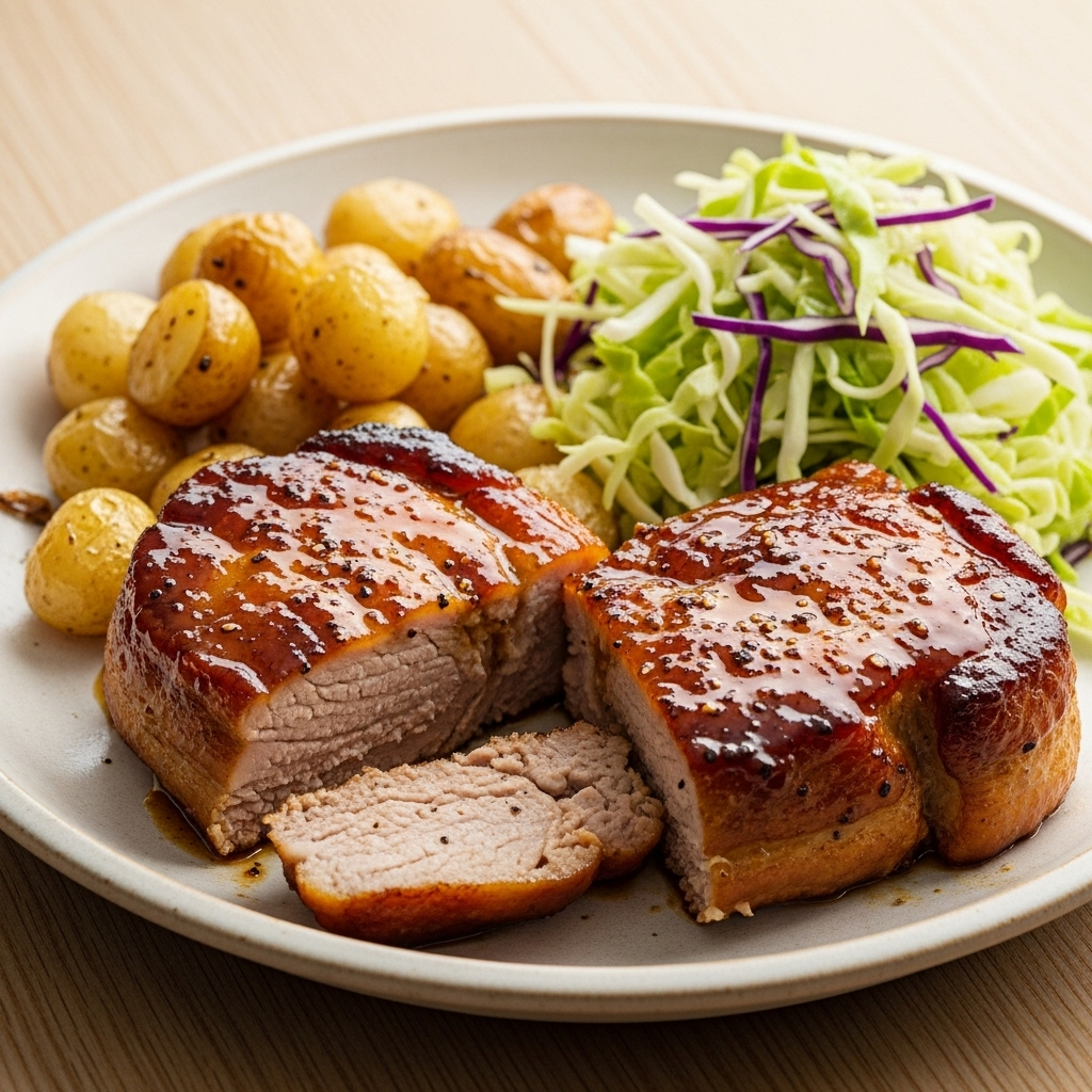 Honning-soja glaserede nakkekoteletter med sprøde, gyldne ovnbagte perlekartofler og frisk, sprød kålsalat på tallerken.