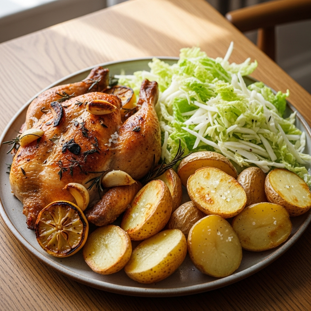 Hvidløgsstegt halv kylling med ovnbagte halve kartofler og sprød spidskålssalat