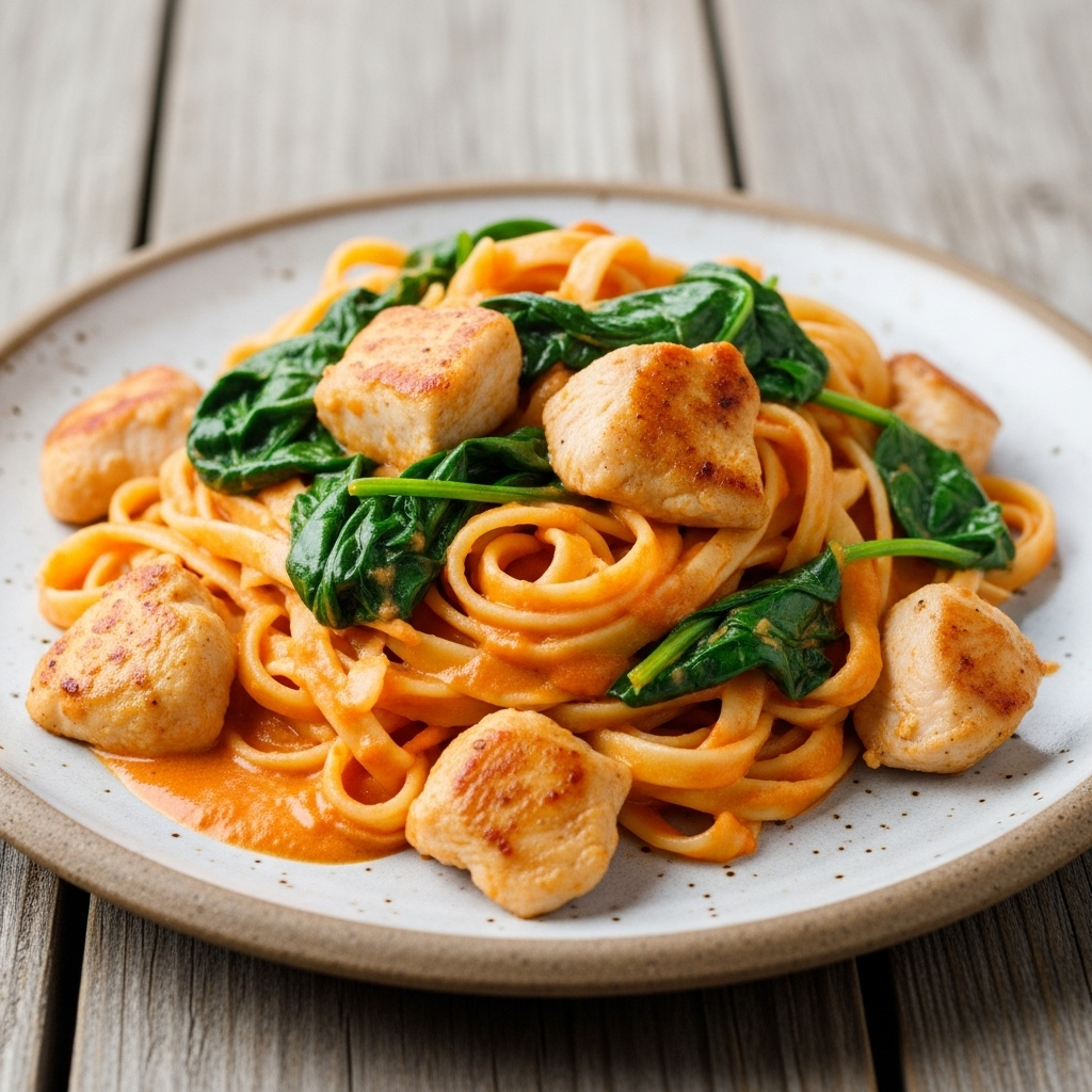 Italiensk inspireret kyllingefad med fettuccine, spinat og cremet tomatsauce