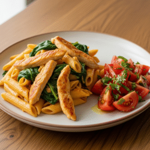 Italiensk inspireret kyllingepenne med spinat og tomatsalat
