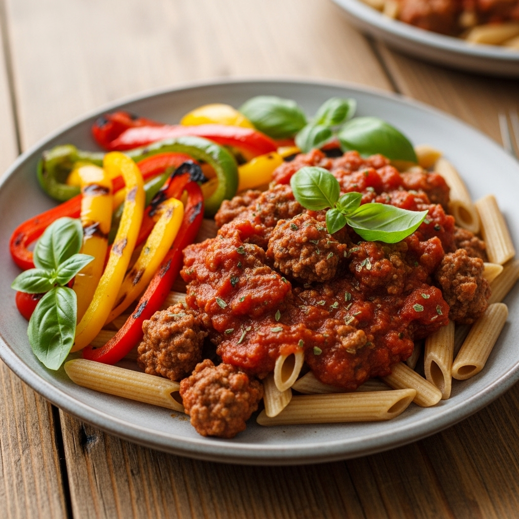 Italiensk inspireret oksegryde med fuldkorns penne og grillede peberfrugter