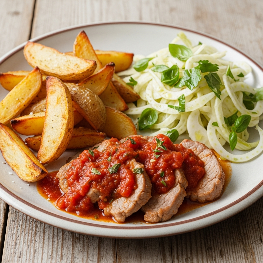 Italiensk svinepande i tomat-urtesauce med ovnbagte kartoffelbåde og sprød fennikelsalat.
