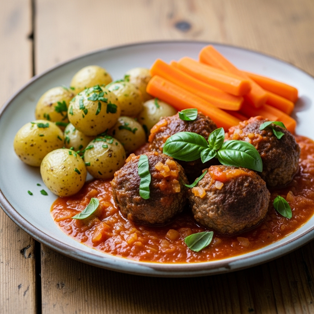 Store oksefrikadeller i rød tomatsauce i pande, toppet med basilikum; ved siden af gyldne perlekartofler og dampede gulerødder.