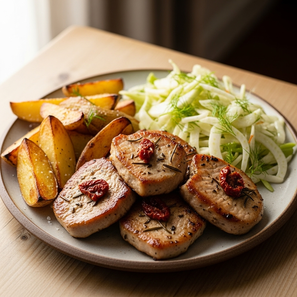 Italiensk svinekødspande med bagte kartoffelbåde og sprød fennikelsalat