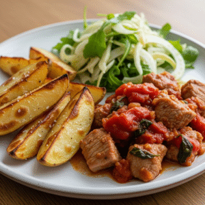 Italiensk svinepande med bagte kartoffelbu00e5de og spru00f8d fennikelsalat