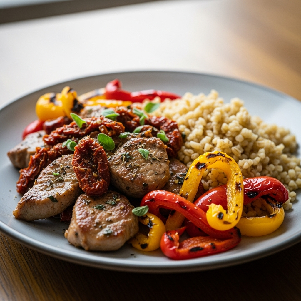 Italiensk svinepande med soltørrede tomater og krydderurter, serveret med fuldkornsbulgur og grillede peberfrugter.