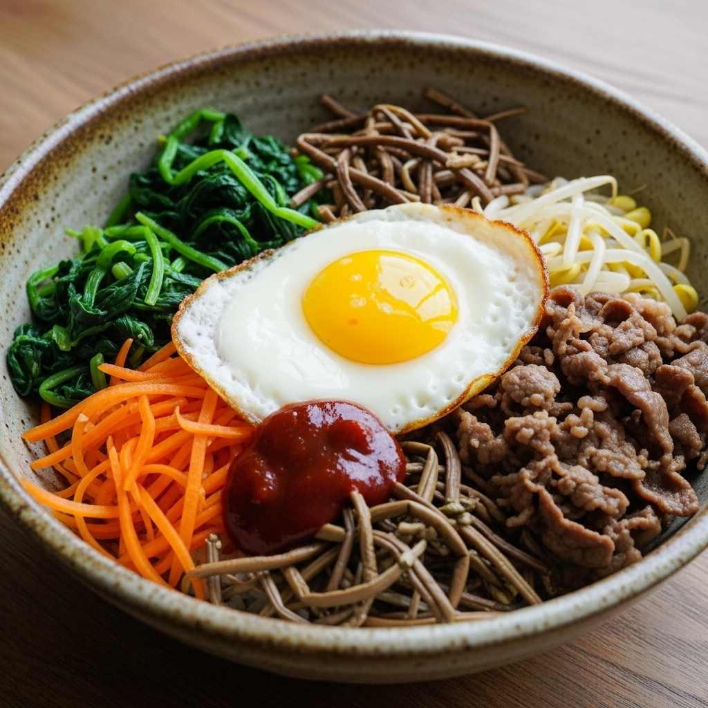 Jeonju‑inspireret bibimbap med bulgogi-oksekød, sprøde grøntsager og spejlæg