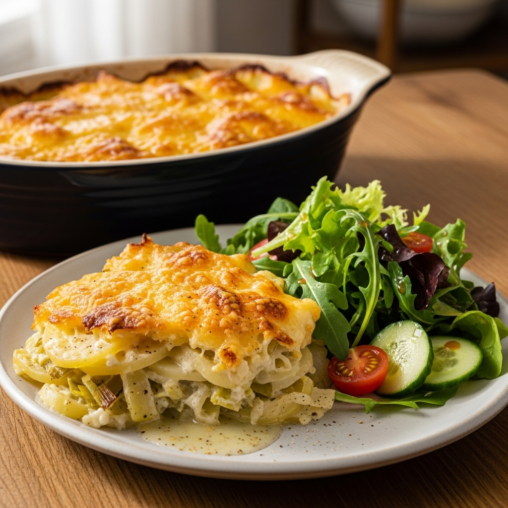 Gylden kartoffel-porregratin med smeltet cheddar i ovnfast fad, serveret med sprød grøn salat med vinaigrette ved siden af.