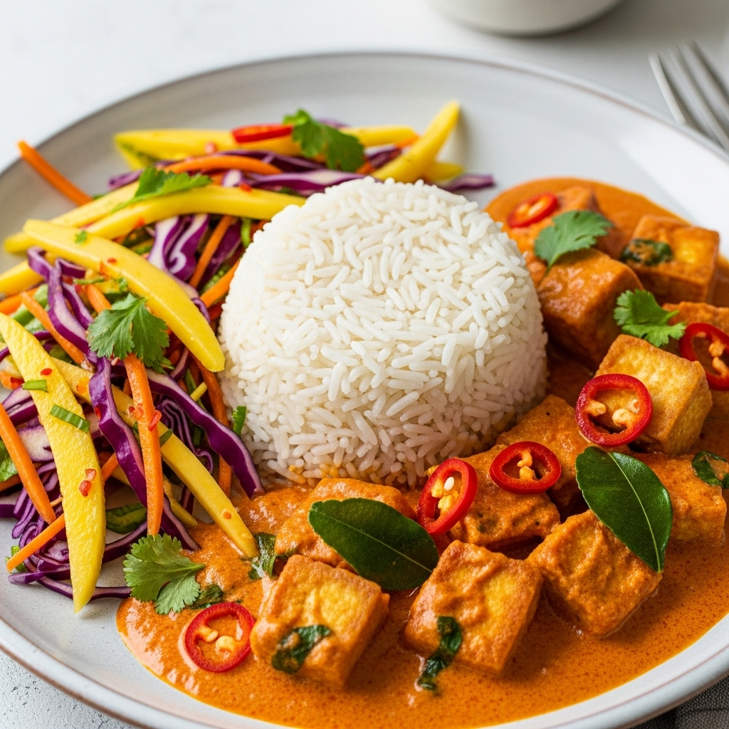 Kokos-curry tofu med basmatiris og mango-cool slaw