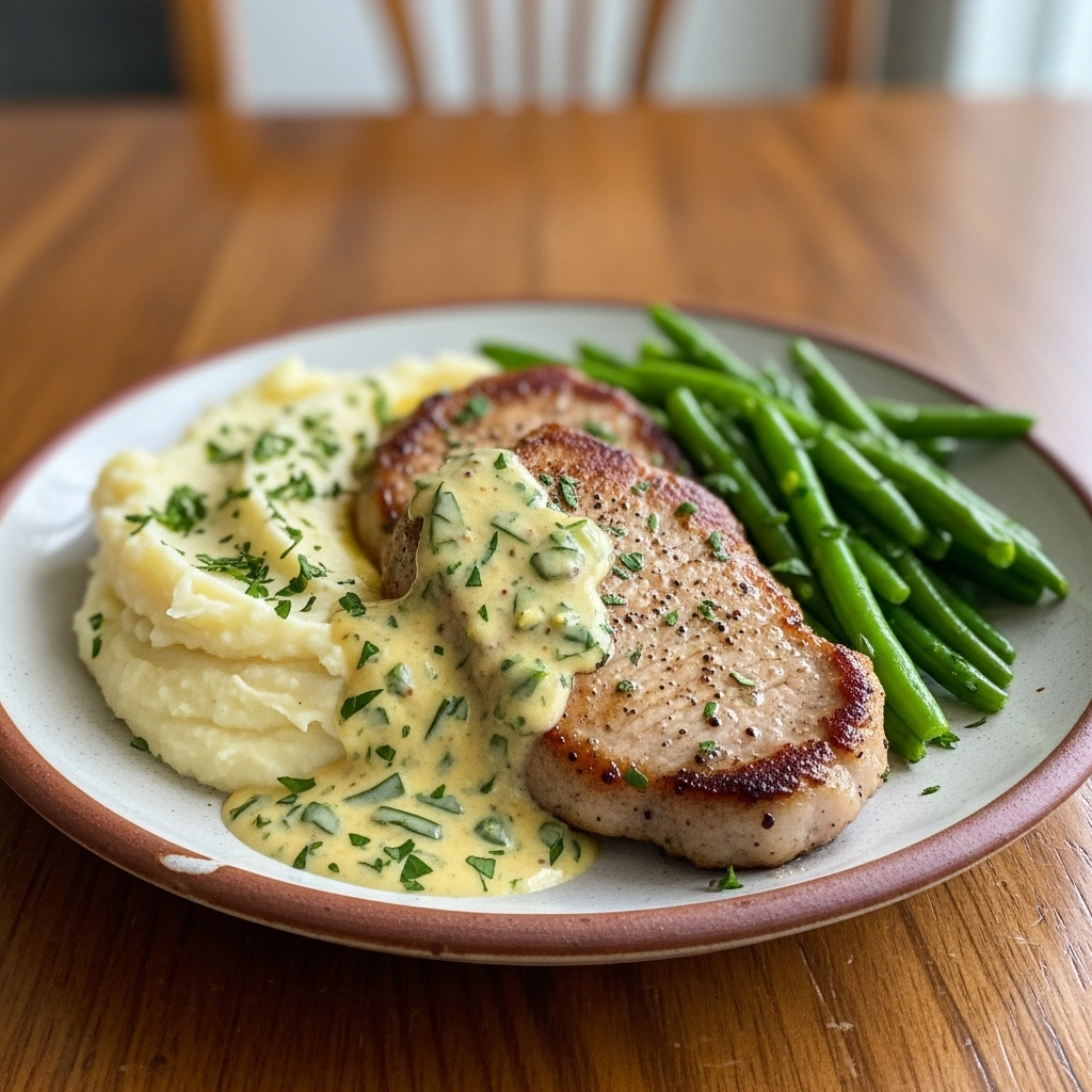 Koteletter i blid sennep-urtesauce med dampede haricots verts og kartoffelmos