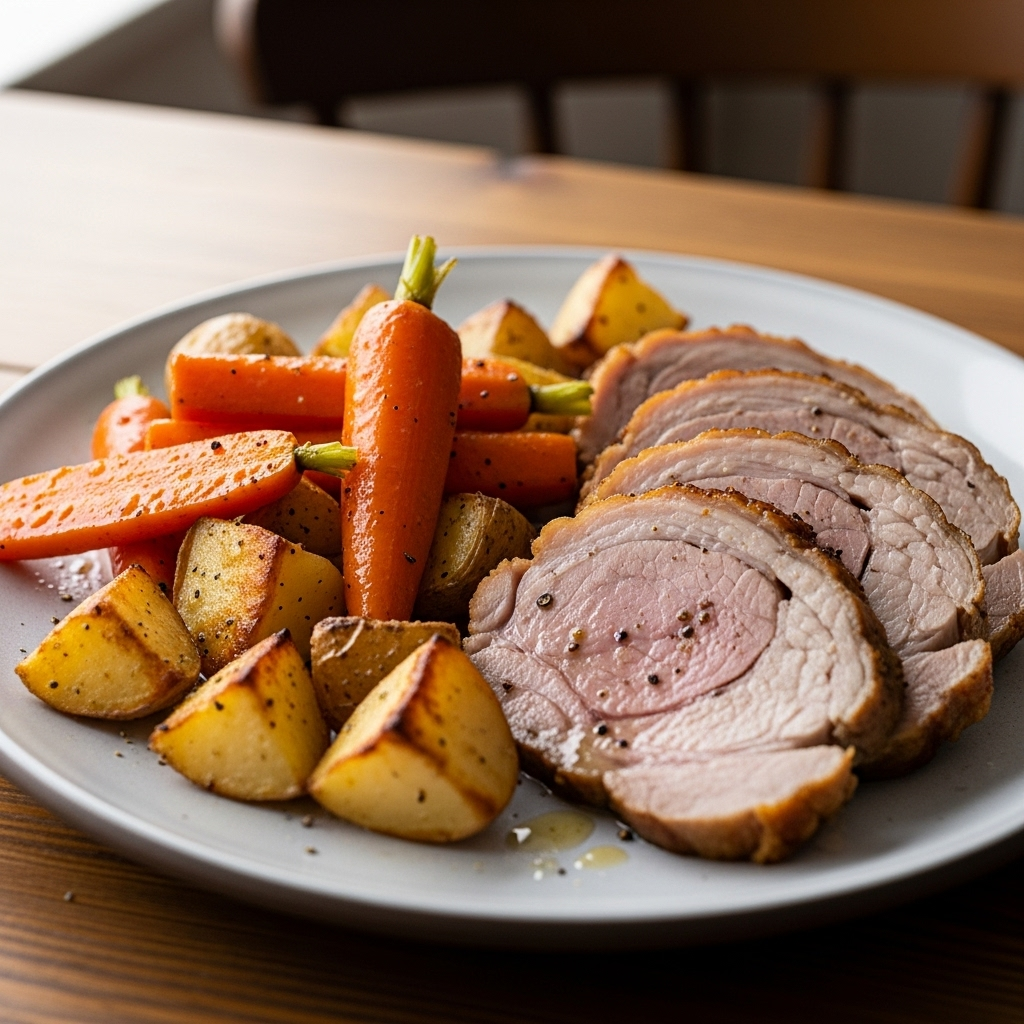 Krydret nakkefilet med honning-glaserede gulerødder og små ovnkartofler