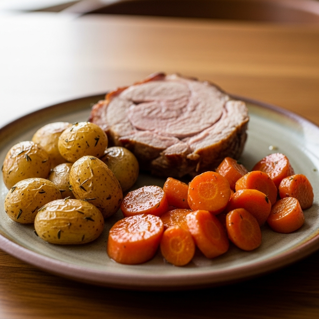 Skiver af krydret, saftig nakkefilet med honningglaserede gulerødder og sprøde små ovnkartofler, rustikt anrettet på varm tallerken