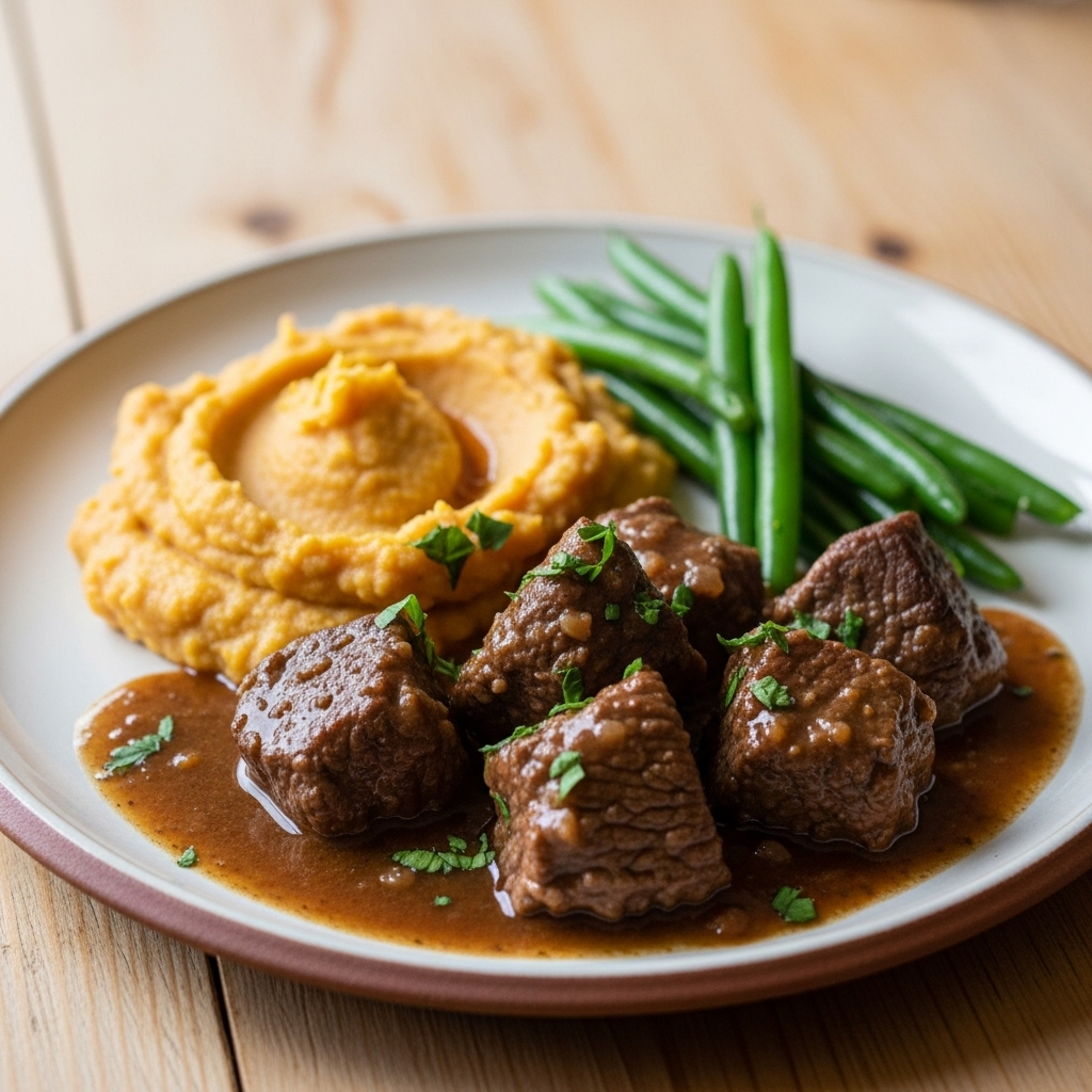 Krydret oksegryde med rodfrugtmos og dampede grønne bønner