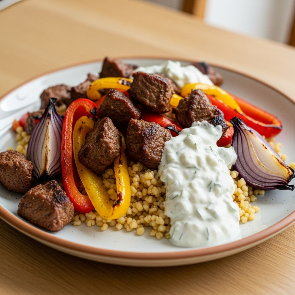 Hjemmelavet krydret oksekebab med grillede peberfrugter og løg, bulgur og cremet tzatziki.