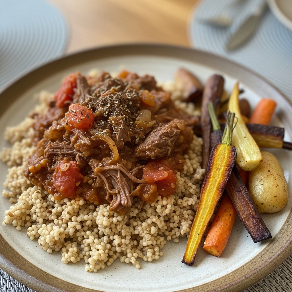 Krydret oksetagine med fuldkorns-couscous og ovnbagte rodfrugter