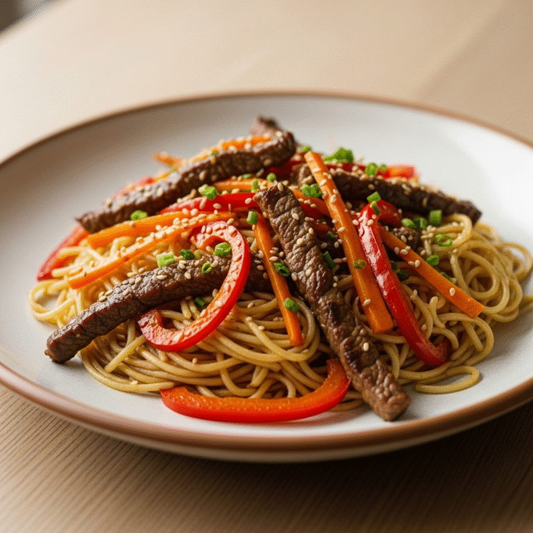 Krydret oksewok med nudler og sprøde grøntsager