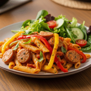 Krydret salsiccia-pasta med grillede peberfrugter og gru00f8n salat