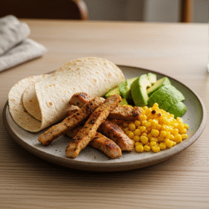 Krydret svinefajitas med fuldkornstortilla, majs og avocado