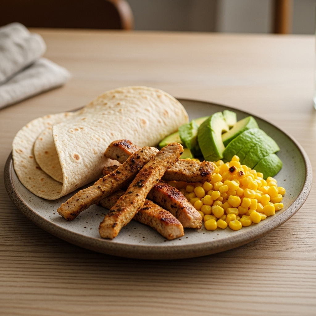 Krydret svinefajitas med fuldkornstortilla, majs og avocado