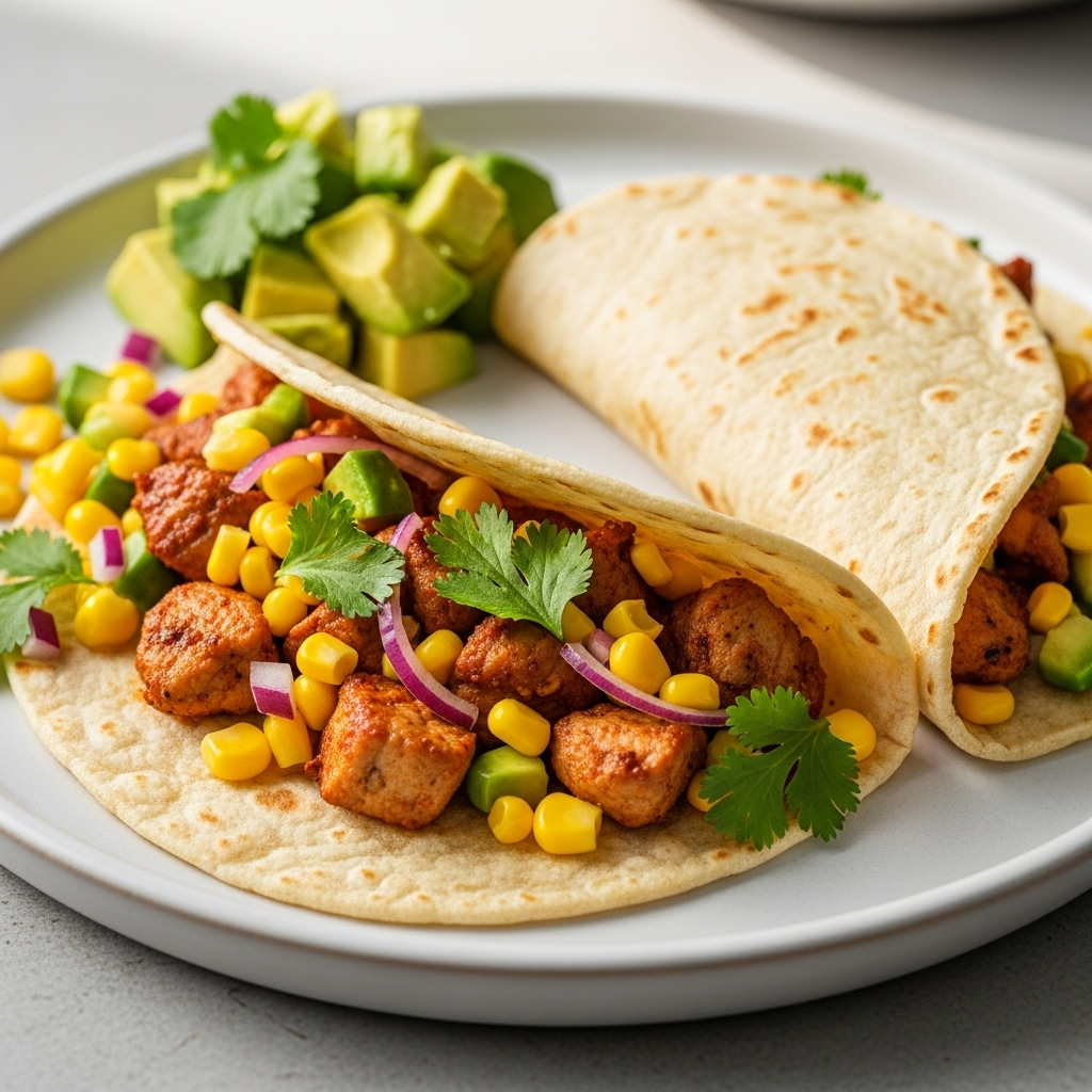 Krydret svinekød i tortillas med majs-salat og avocado