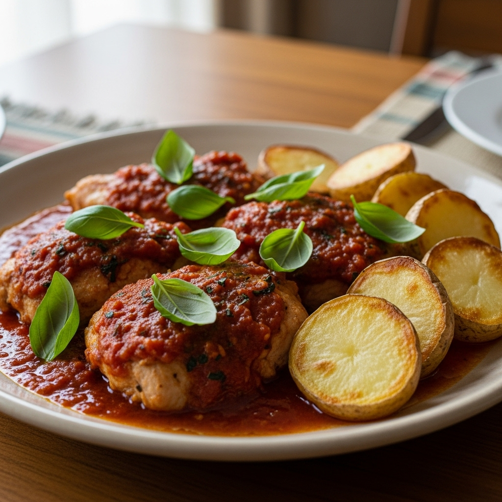 Kylling i italiensk tomatsauce med ovnbagte halve kartofler