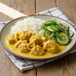 Kylling i karry med jasminris og agurke-agurkesalat