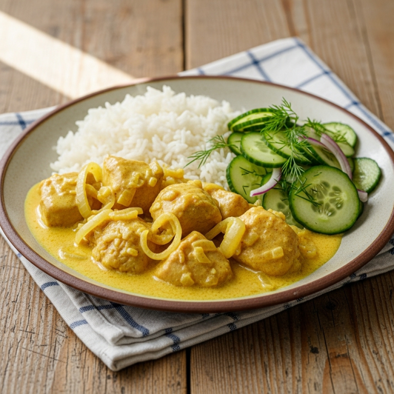 Kylling i karry med jasminris og agurke-agurkesalat