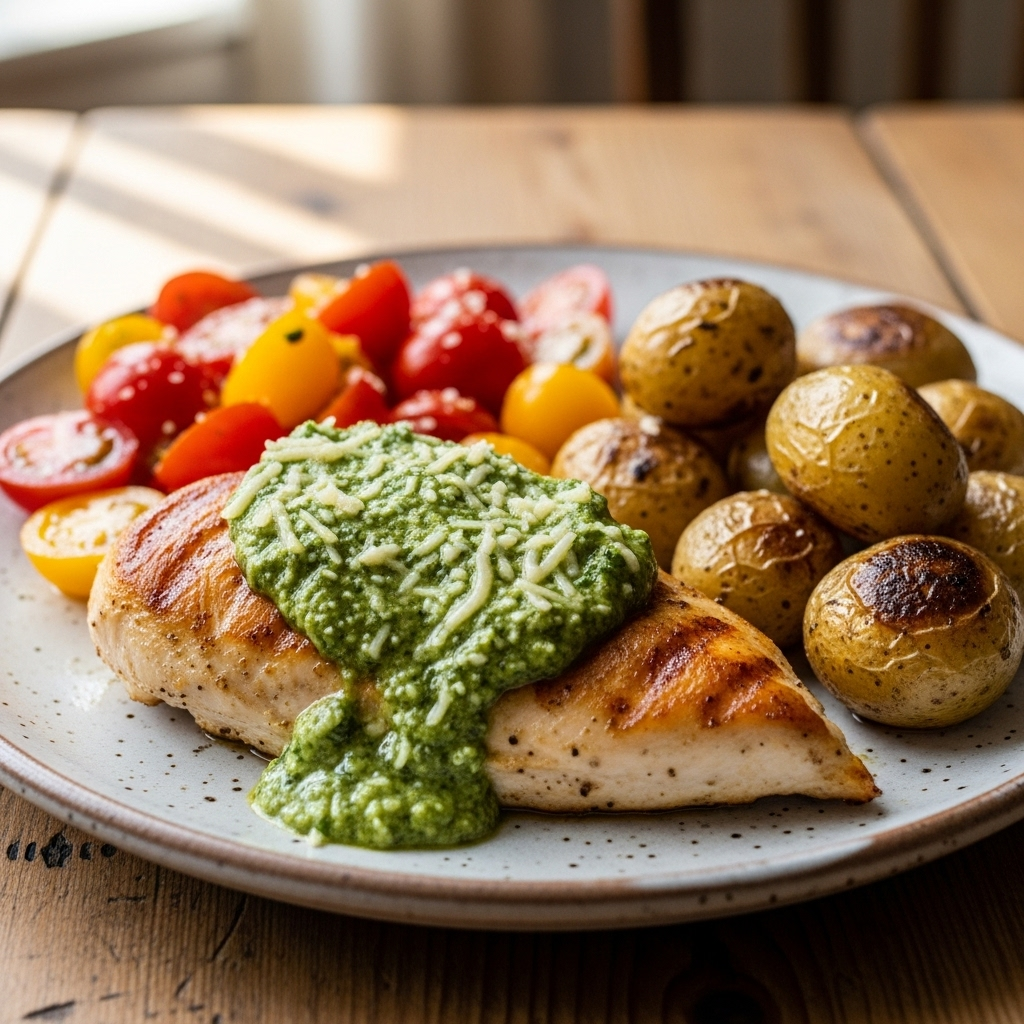Kyllingebryst med grøn pesto, ovnristede små kartofler og cherrytomatsalat