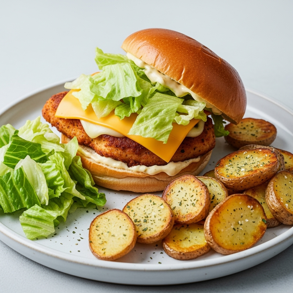 Kyllingeburger med ovnbagte kartoffelskiver og frisk iceberg-salat