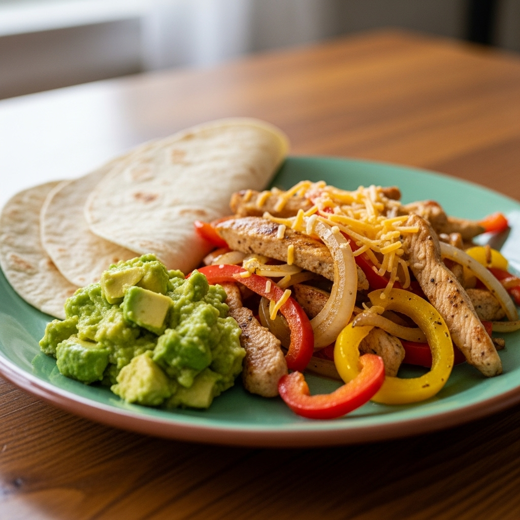Kyllingefajitas med peberfrugt, løg og guacamole