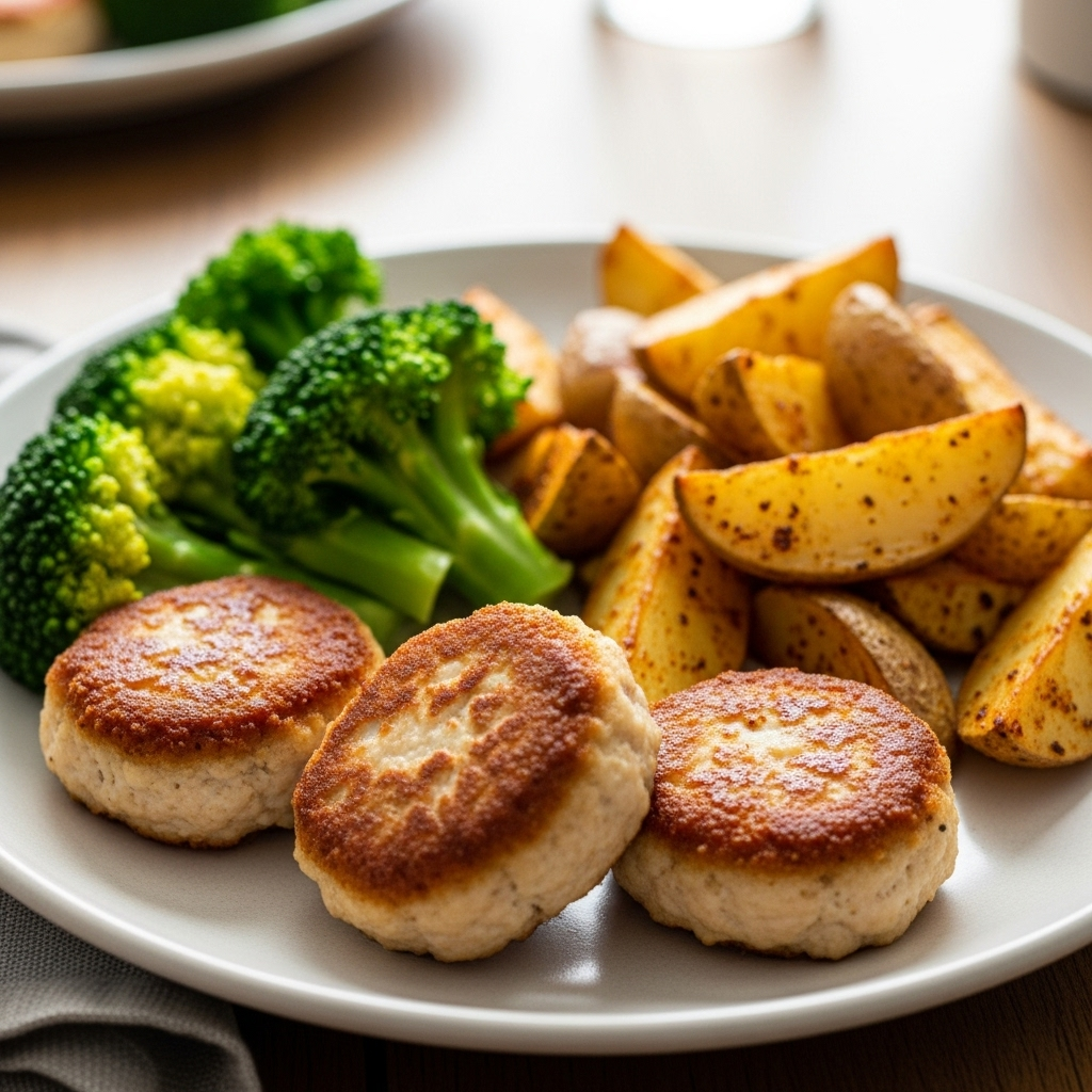 Kyllingefrikadeller med ovnbagte kartoffelbåde og dampet broccoli