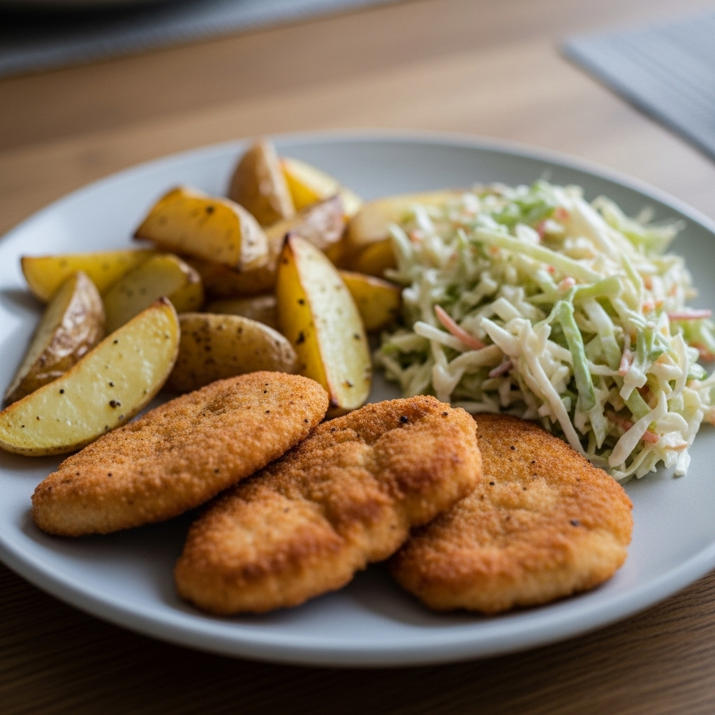 Kyllingeschnitzler med sprød panering serveret med gyldne ovnkartoffelbåde og frisk, cremet kålsalat.