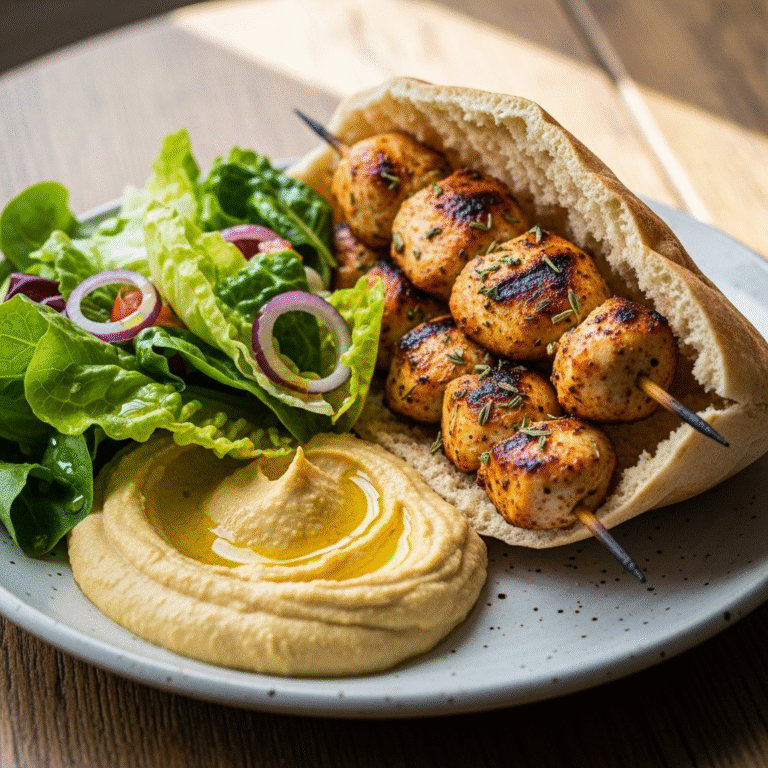 Kyllingespyd med pitabrød, hummus og frisk salat